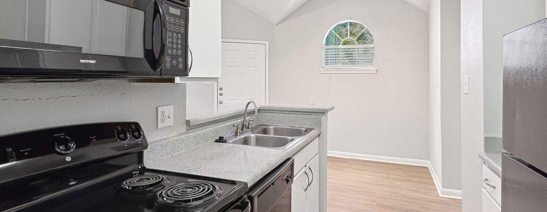 kitchen open to dining area