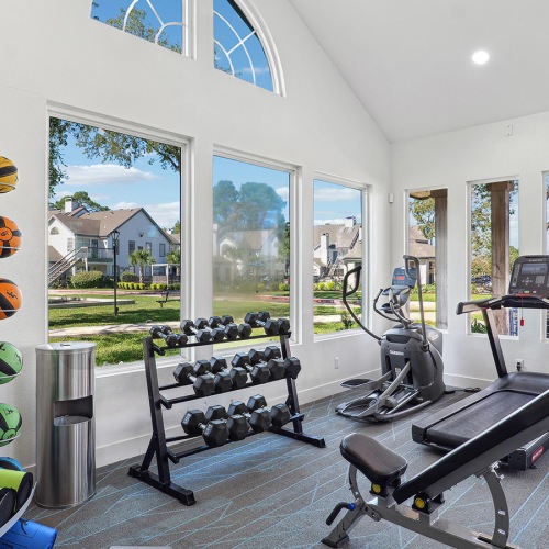 Cutting-edge amenities at your fingertips sun-filled gym with exercise equipment